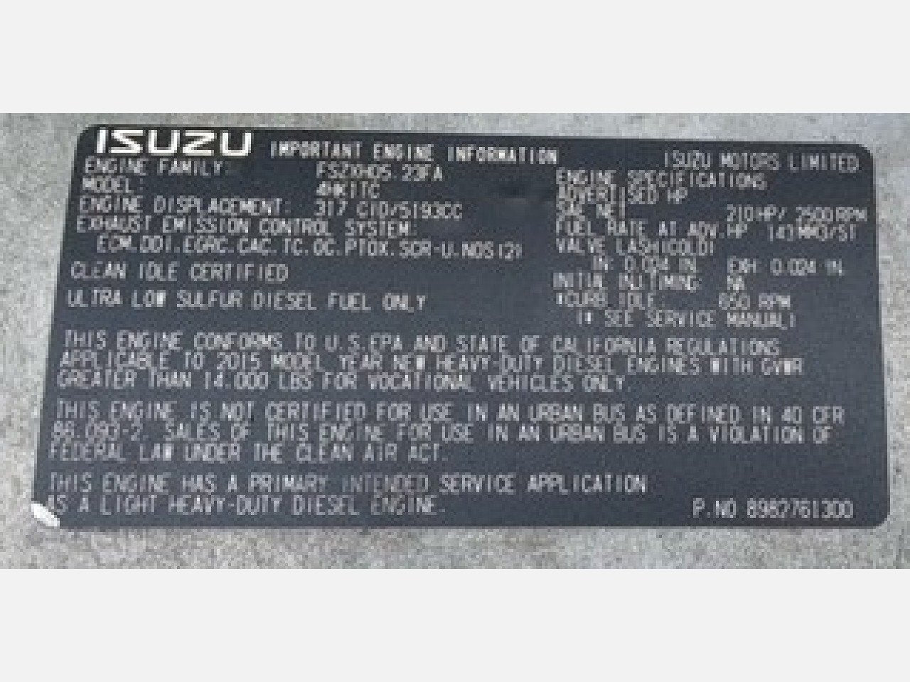 2015 ISUZU 4HK1TC Engine Assembly